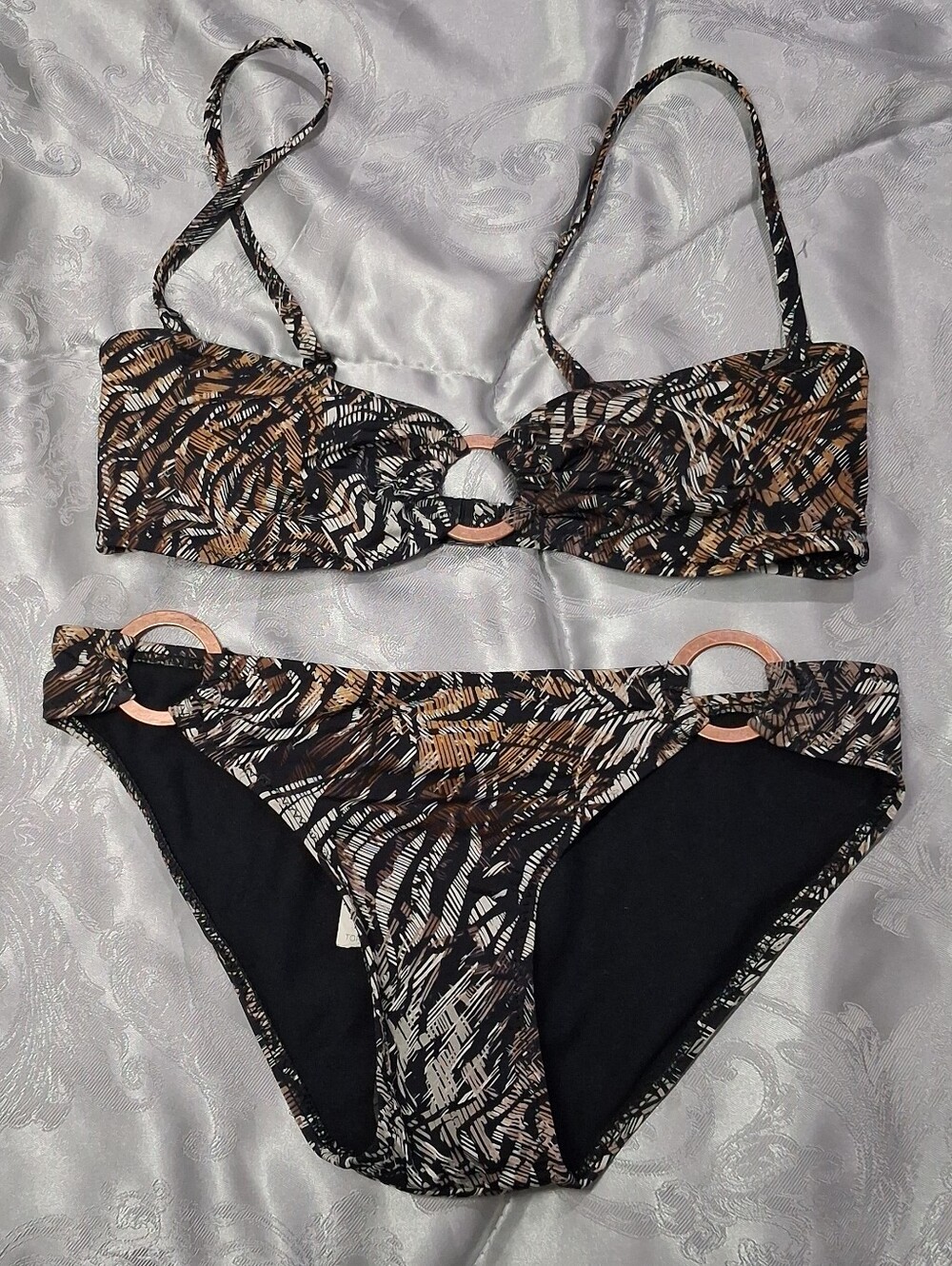 Topshop Leaf Print Tropical Bikini Brown white Black O Ring Bandeau Removable
